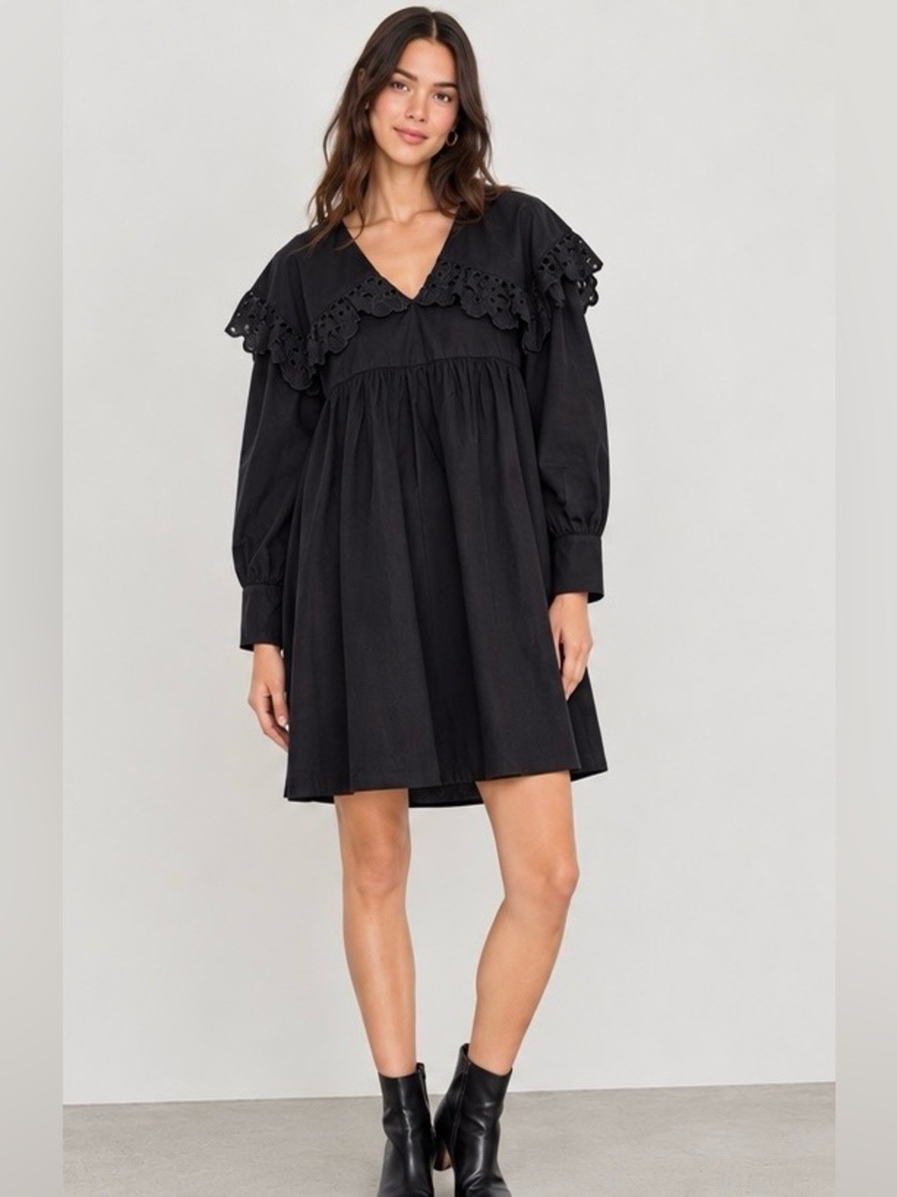 Zara Black Lace V-Neck Ruffle Mini Dress w/ Large Collar